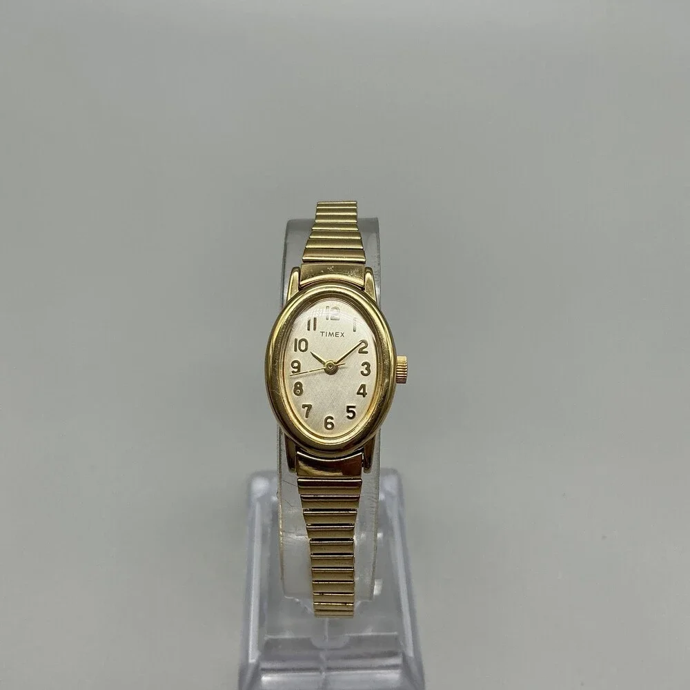Timex Womens Watch 18mm Champagne Dial Gold Tone Oval Stretch Band New Battery